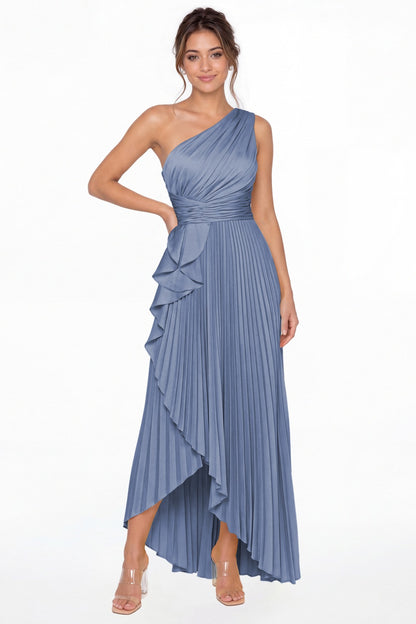 Steel Blue One Shoulder Ruched Satin Maxi Dress - Front View