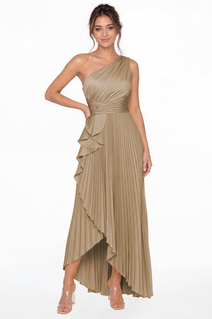 Taupe One Shoulder Ruched Satin Maxi Dress - Front View
