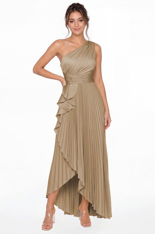 Taupe One Shoulder Ruched Satin Maxi Dress - Front View
