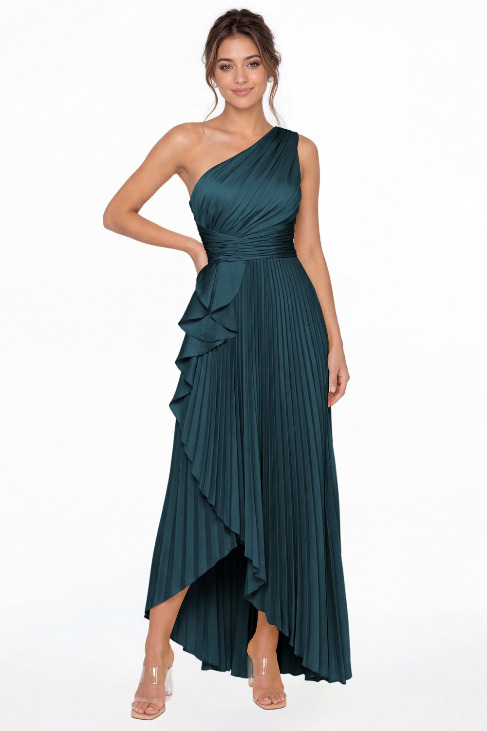 Teal One Shoulder Ruched Satin Maxi Dress - Front View