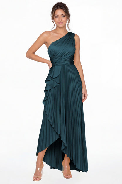 Teal One Shoulder Ruched Satin Maxi Dress - Front View