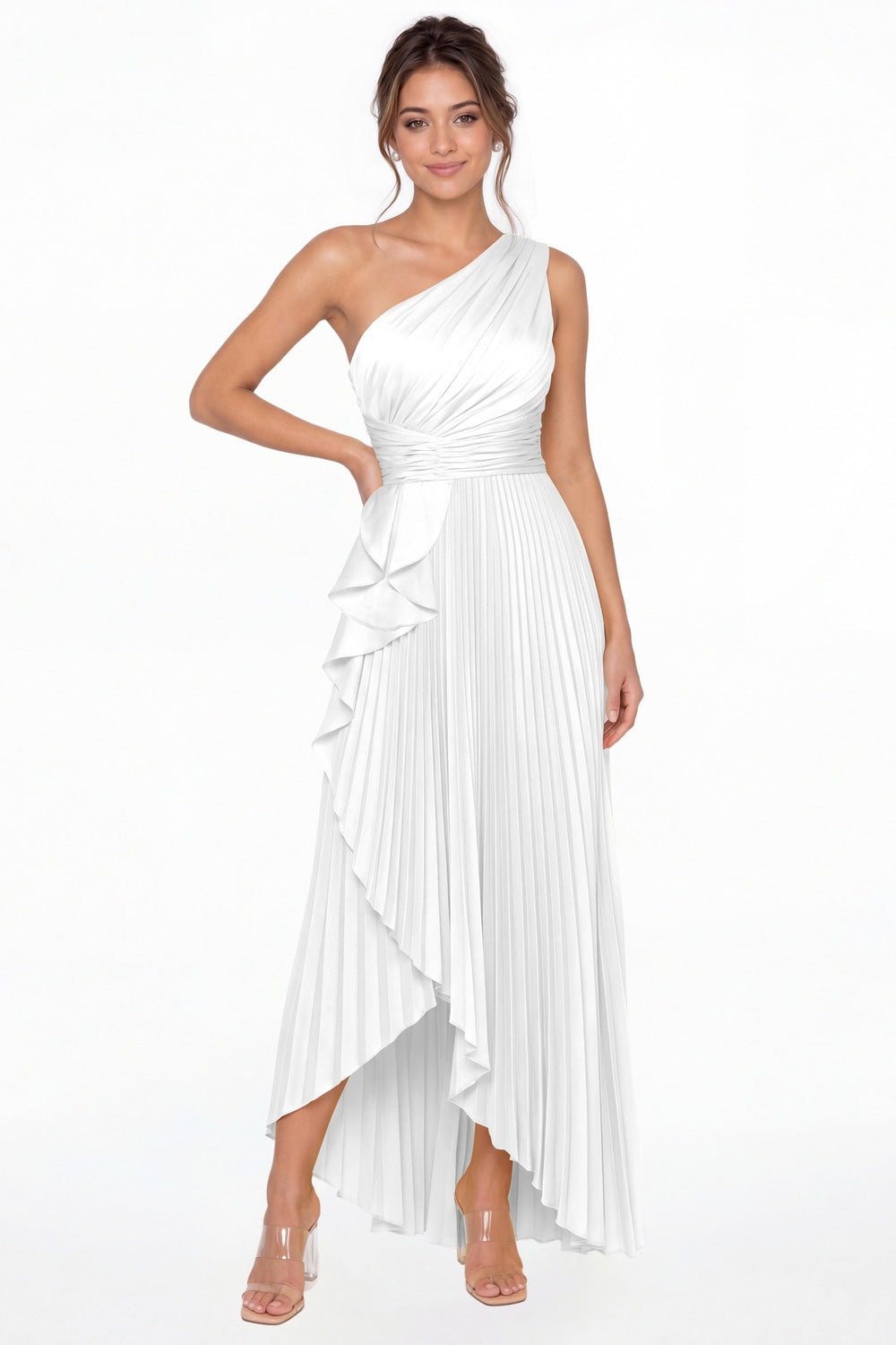 White One Shoulder Ruched Satin Maxi Dress - Front View