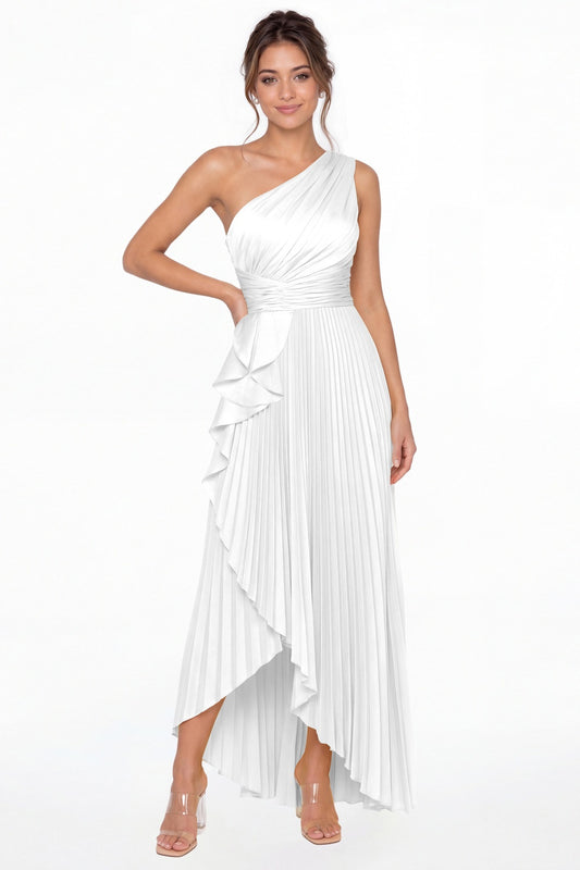White One Shoulder Ruched Satin Maxi Dress - Front View