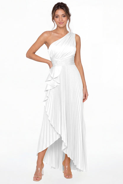 White One Shoulder Ruched Satin Maxi Dress - Front View