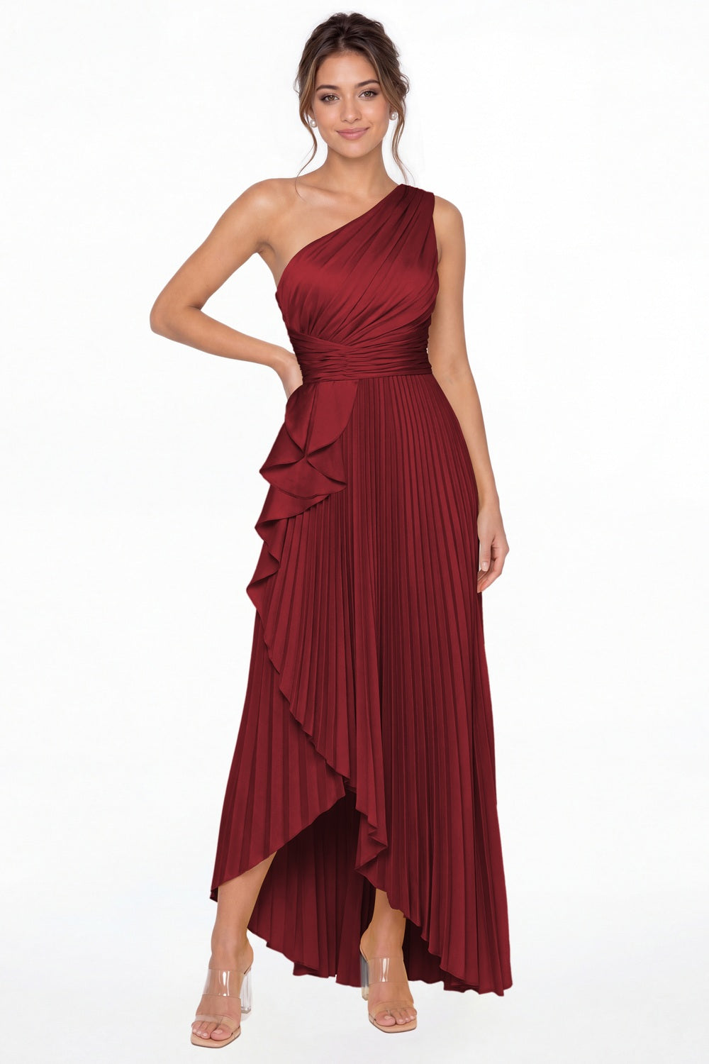 Wine Red One Shoulder Ruched Satin Maxi Dress - Front View