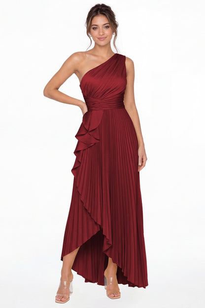 Wine Red One Shoulder Ruched Satin Maxi Dress - Front View
