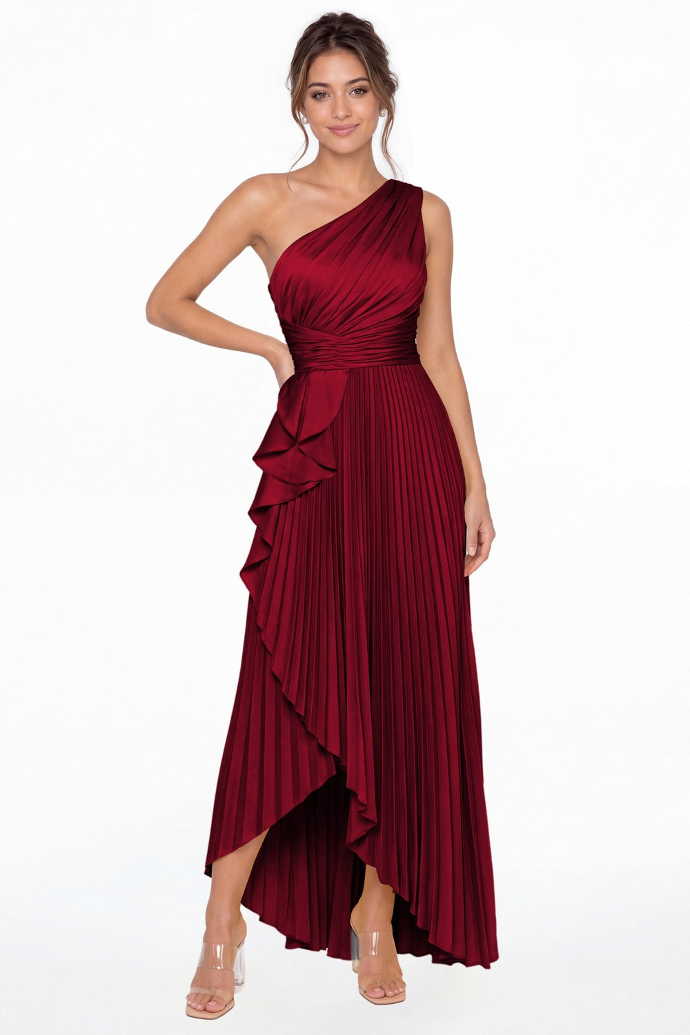 Wine Red One Shoulder Ruched Satin Maxi Dress - Front View