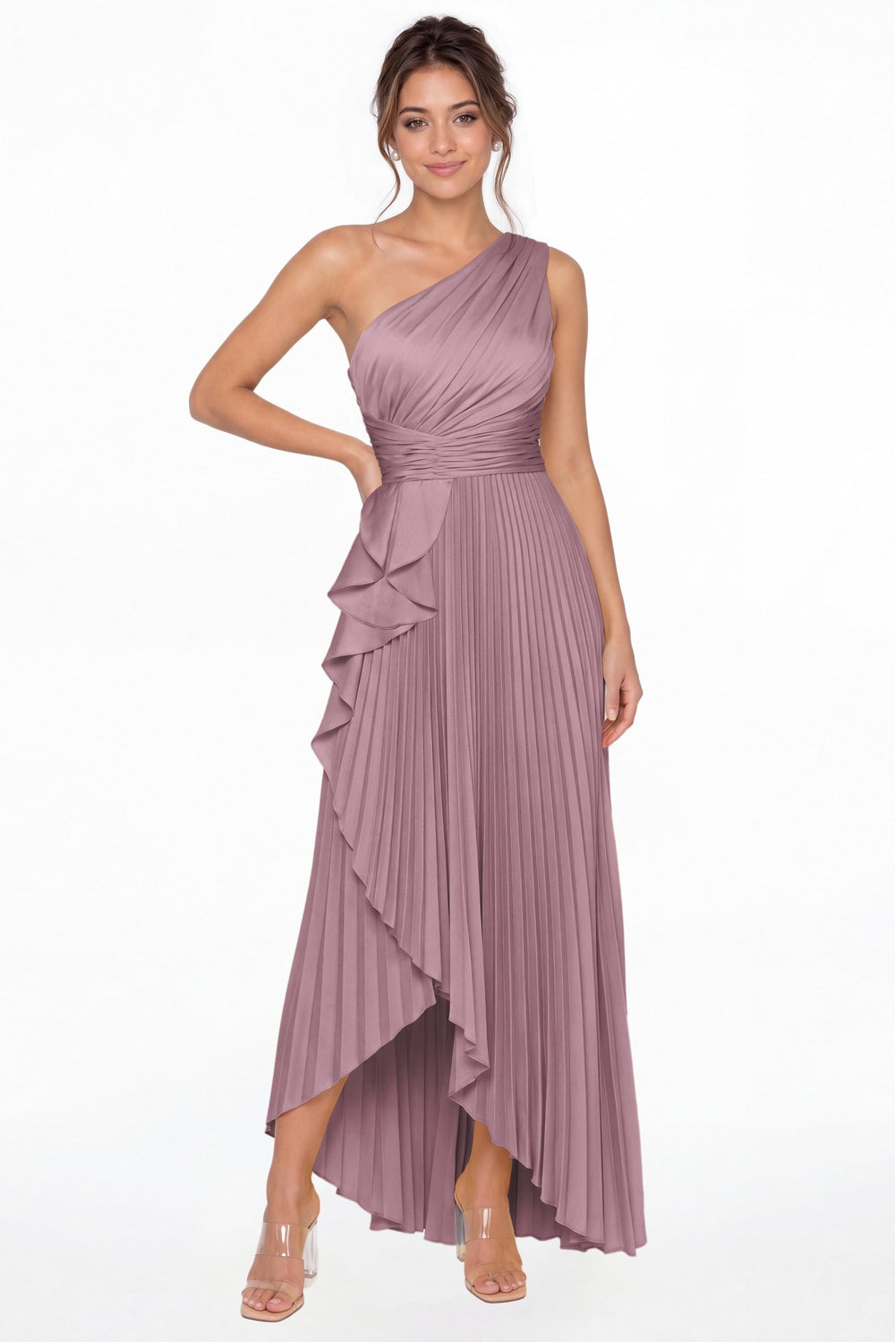 Wisteria One Shoulder Ruched Satin Maxi Dress - Front View