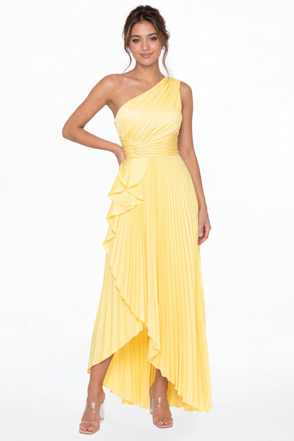Yellow One Shoulder Ruched Satin Maxi Dress - Front View