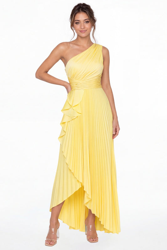 Yellow One Shoulder Ruched Satin Maxi Dress - Front View