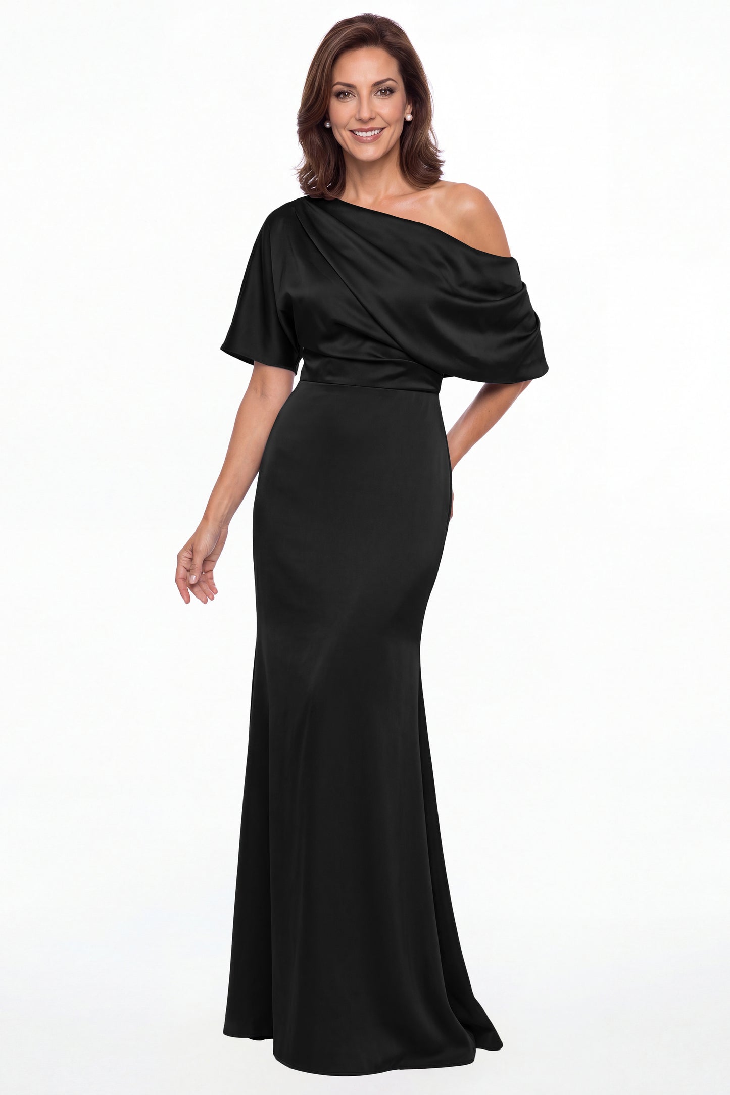 Black One Shoulder Draped Satin Mermaid Maxi Gown - Front View