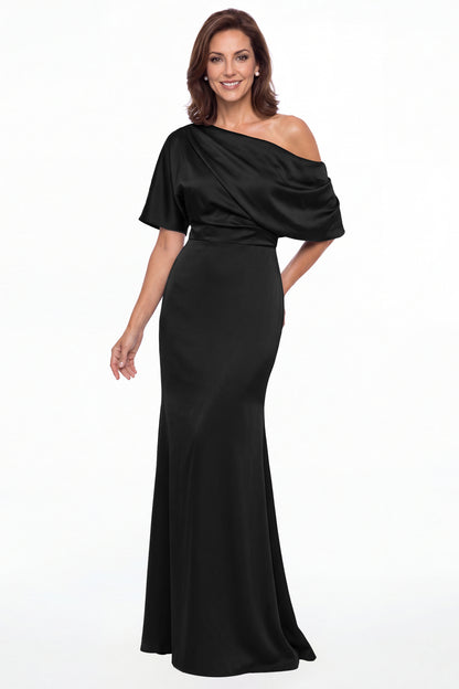 Black One Shoulder Draped Satin Mermaid Maxi Gown - Front View