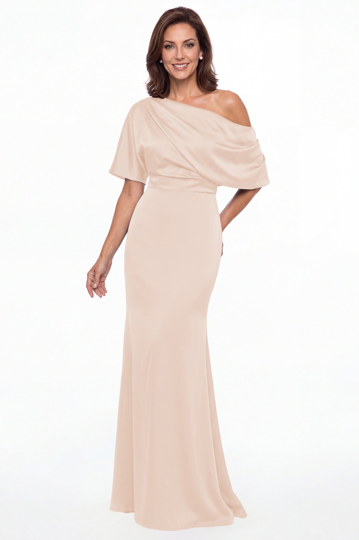 Blush Pink One Shoulder Draped Satin Mermaid Maxi Gown - Front View