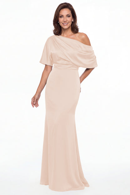 Blush Pink One Shoulder Draped Satin Mermaid Maxi Gown - Front View