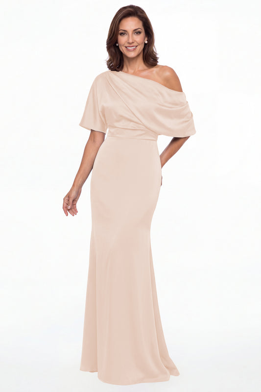 Blush Pink One Shoulder Draped Satin Mermaid Maxi Gown - Front View