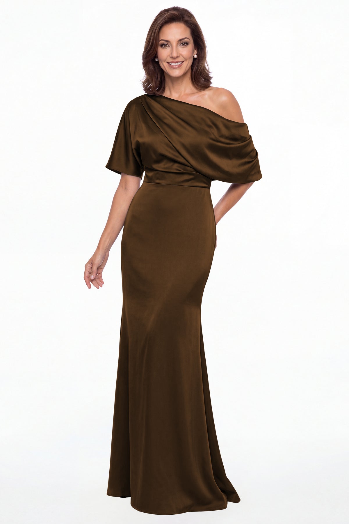 Brown One Shoulder Draped Satin Mermaid Maxi Gown - Front View