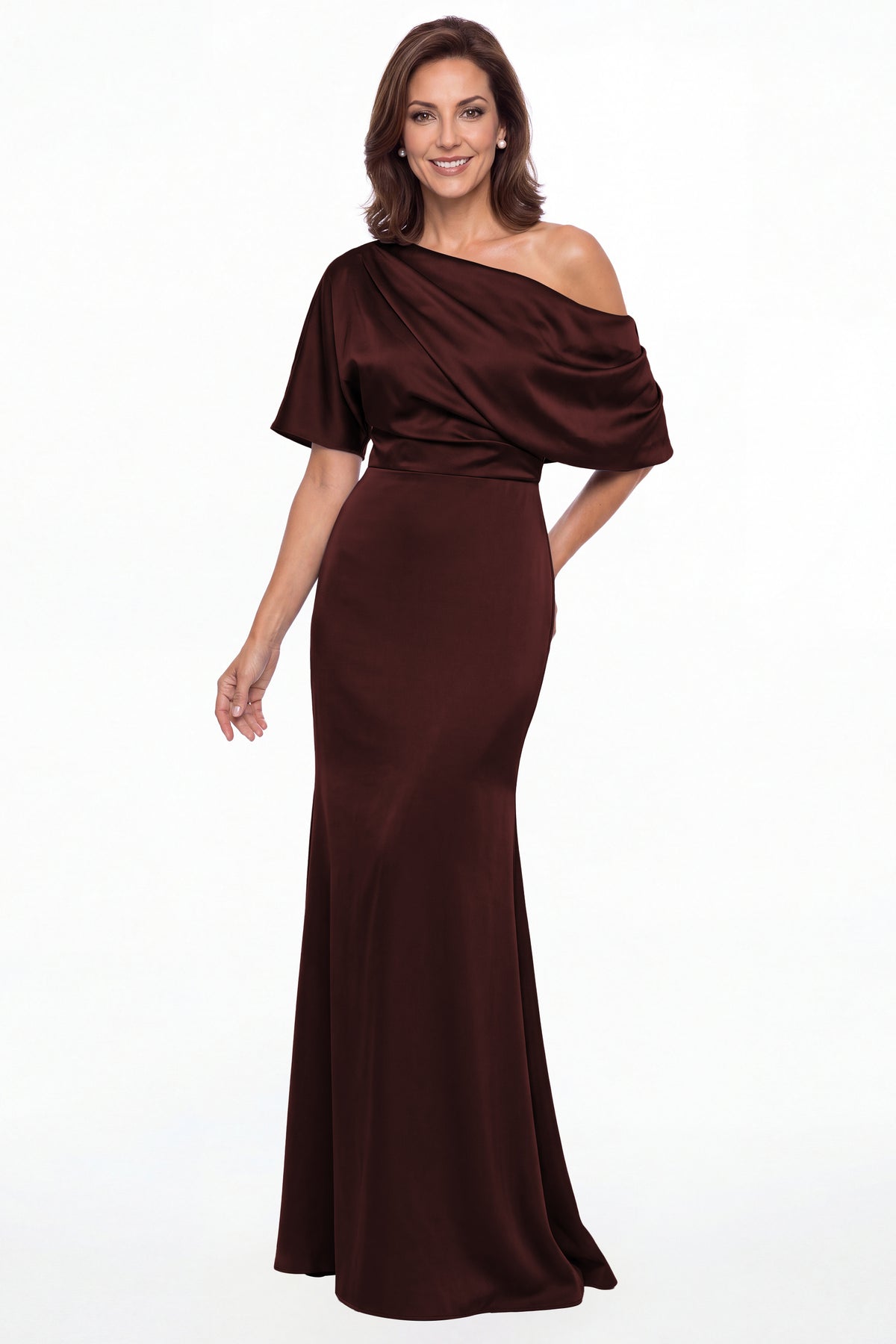 Burgundy One Shoulder Draped Satin Mermaid Maxi Gown - Front View