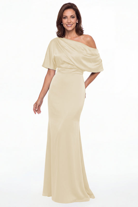 Champagne One Shoulder Draped Satin Mermaid Maxi Gown - Front View