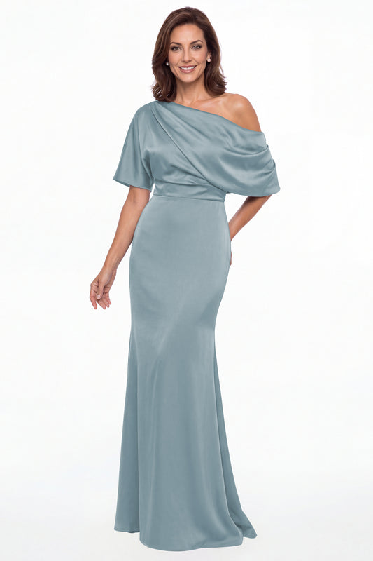 Dusty Blue One Shoulder Draped Satin Mermaid Maxi Gown - Front View