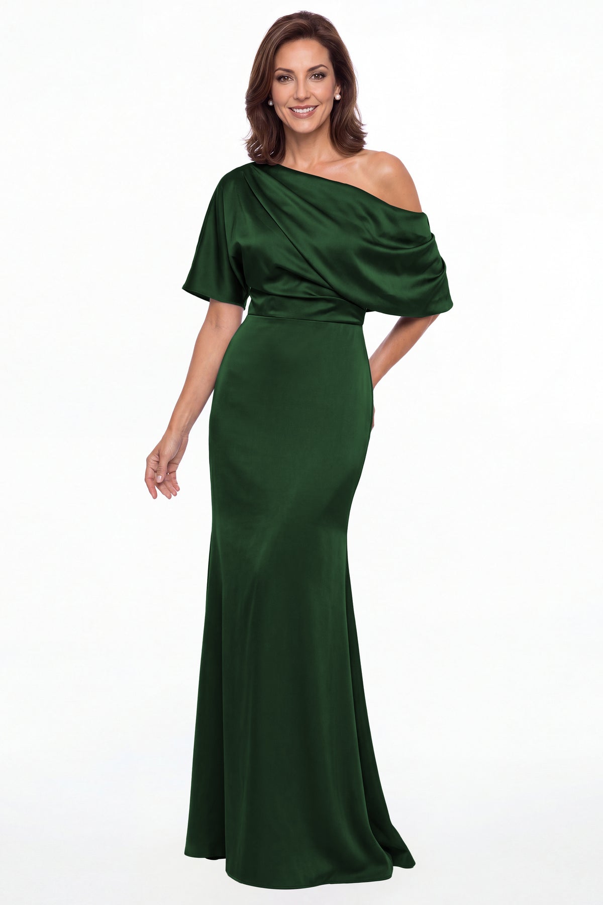 Emerald Green One Shoulder Draped Satin Mermaid Maxi Gown - Front View