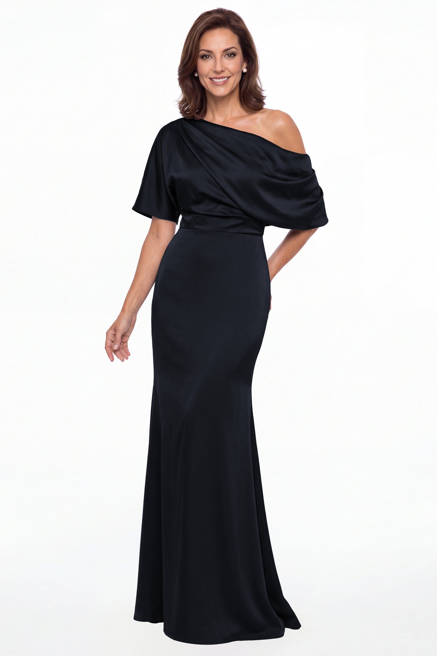 Navy Blue One Shoulder Draped Satin Mermaid Maxi Gown - Front View