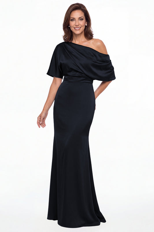 Navy Blue One Shoulder Draped Satin Mermaid Maxi Gown - Front View