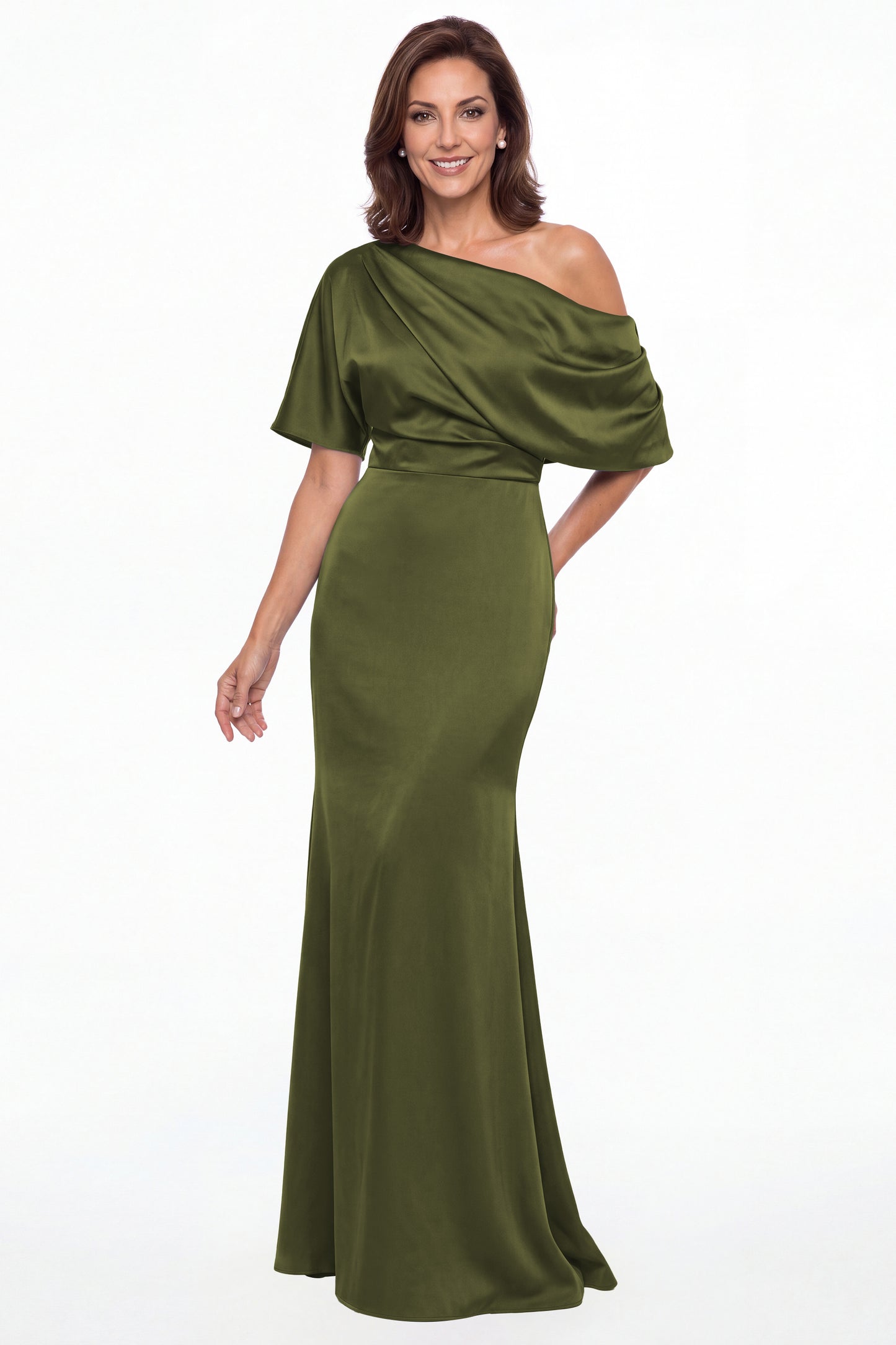 Olive Green One Shoulder Draped Satin Mermaid Maxi Gown - Front View