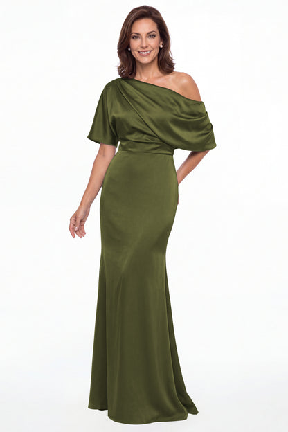 Olive Green One Shoulder Draped Satin Mermaid Maxi Gown - Front View