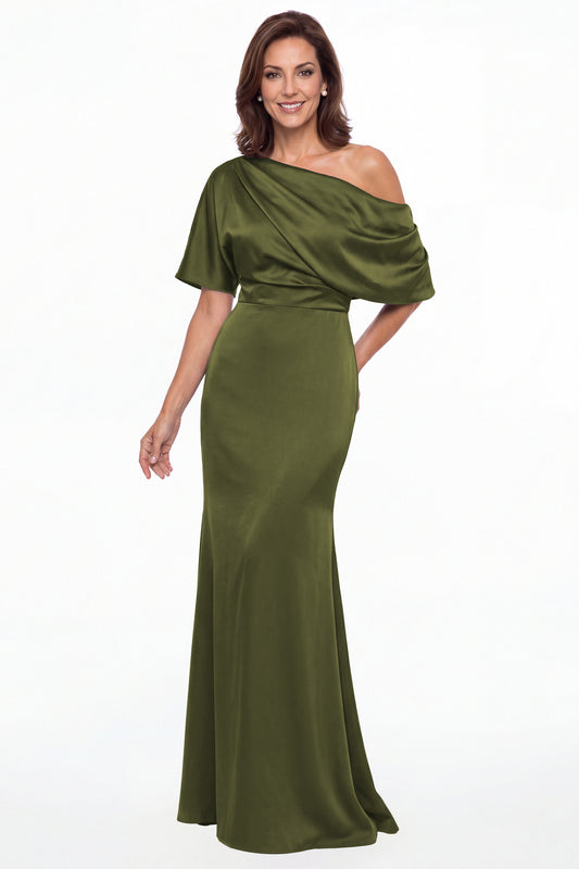 Olive Green One Shoulder Draped Satin Mermaid Maxi Gown - Front View