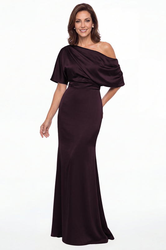 Plum One Shoulder Draped Satin Mermaid Maxi Gown - Front View