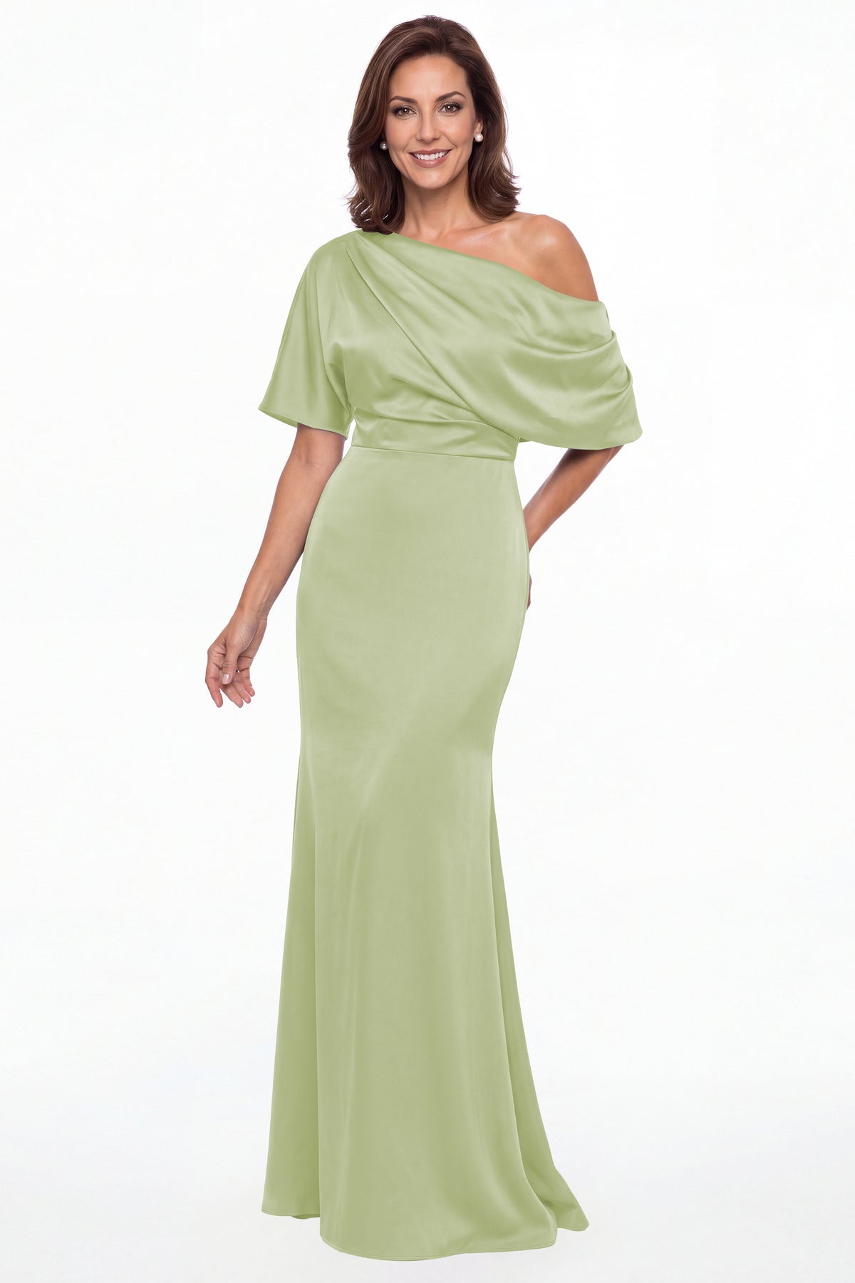 Sage Green One Shoulder Draped Satin Mermaid Maxi Gown - Front View