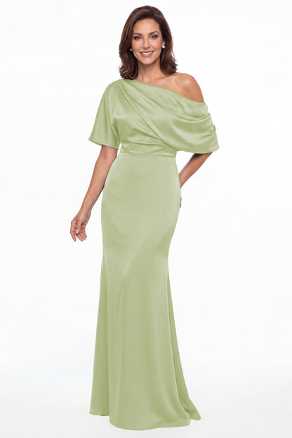 Sage Green One Shoulder Draped Satin Mermaid Maxi Gown - Front View