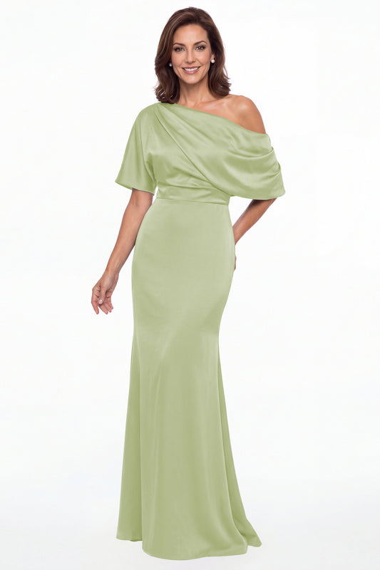 Sage Green One Shoulder Draped Satin Mermaid Maxi Gown - Front View