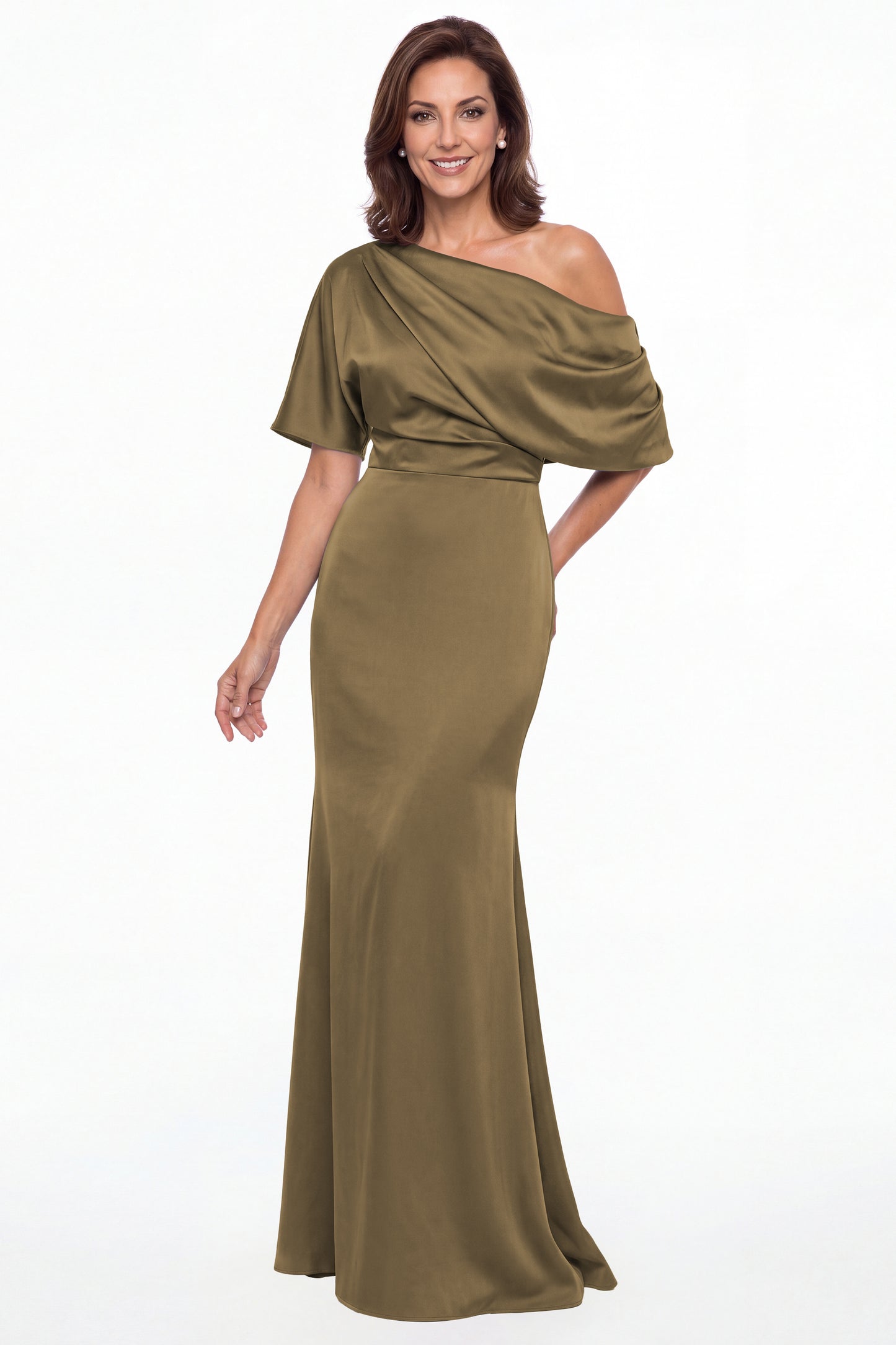 Taupe One Shoulder Draped Satin Mermaid Maxi Gown - Front View