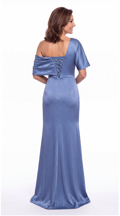 Black One Shoulder Draped Satin Mermaid Maxi Gown - Front View
