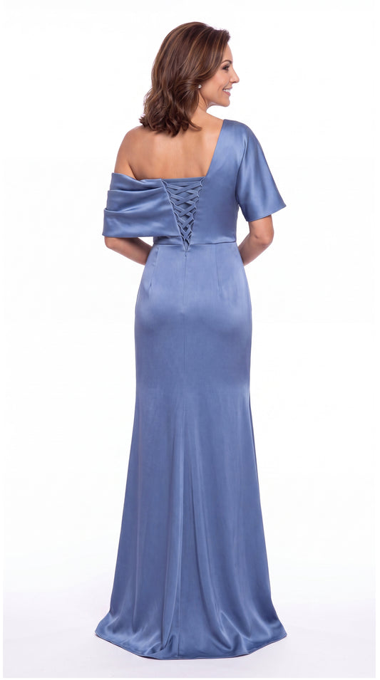 Black One Shoulder Draped Satin Mermaid Maxi Gown - Front View
