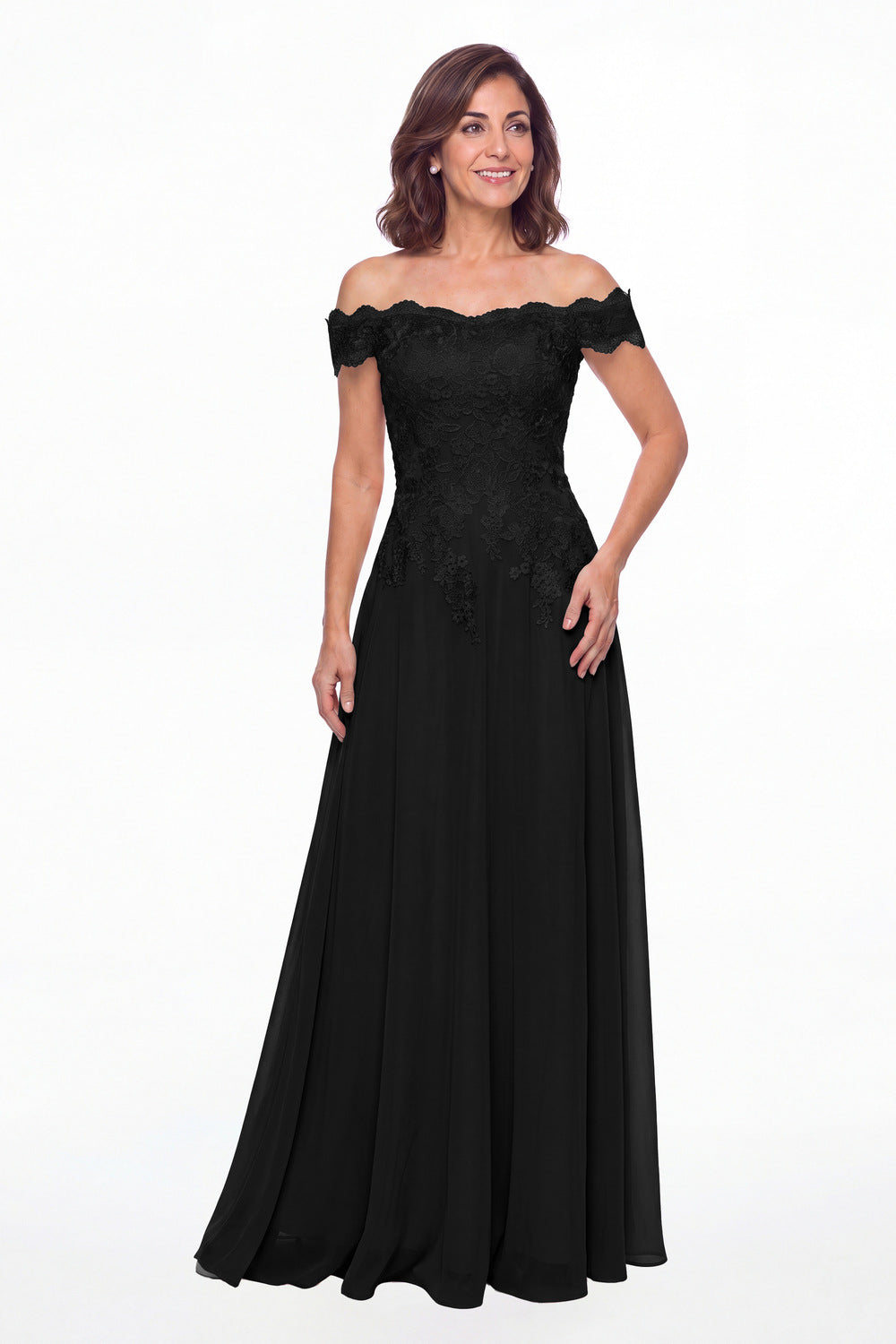 Black Off Shoulder Lace Chiffon A-Line Maxi Gown - Front View