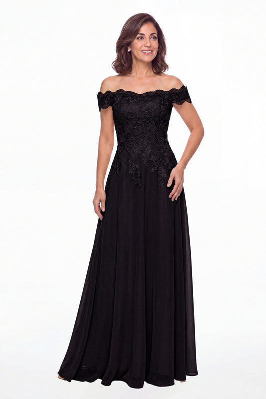 Black Off Shoulder Lace Chiffon A-Line Maxi Gown - Front View