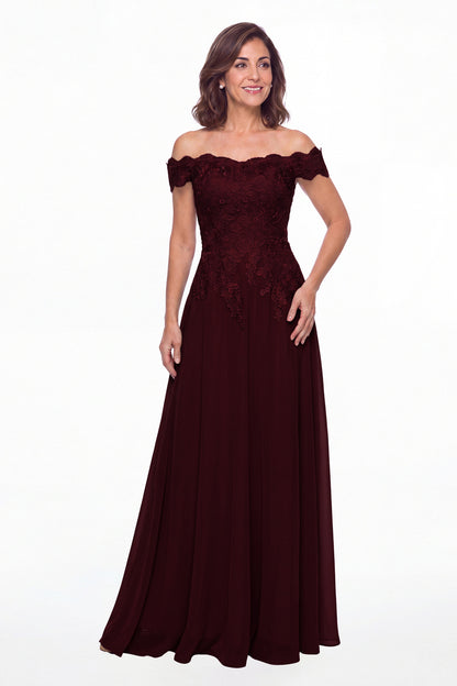 Burgundy Off Shoulder Lace Chiffon A-Line Maxi Gown - Front View