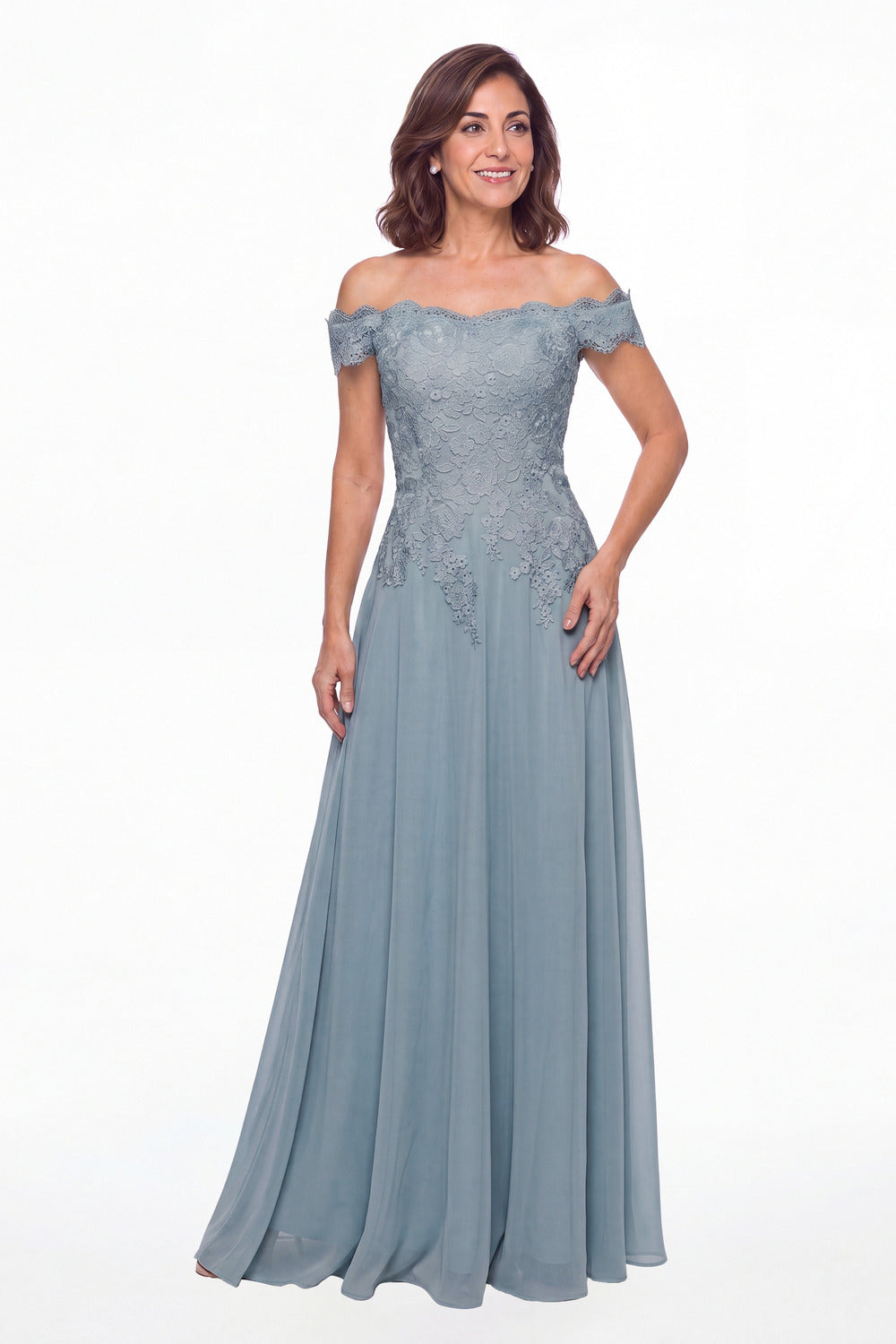 Dusty Blue Off Shoulder Lace Chiffon A-Line Maxi Gown - Front View