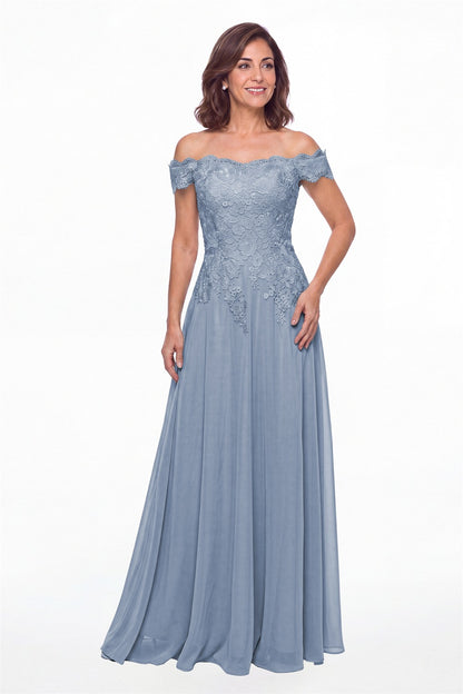 Dusty Blue Off Shoulder Lace Chiffon A-Line Maxi Gown - Front View