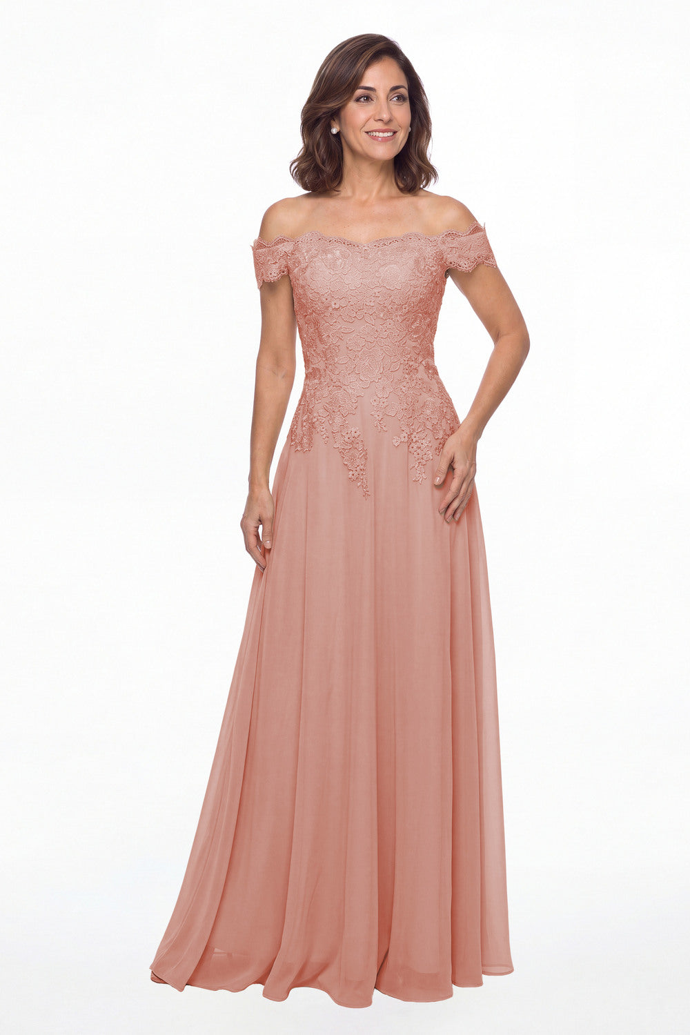 Dusty Rose Off Shoulder Lace Chiffon A-Line Maxi Gown - Front View