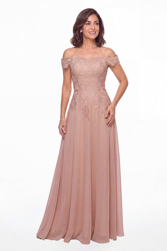 Dusty Rose Off Shoulder Lace Chiffon A-Line Maxi Gown - Front View