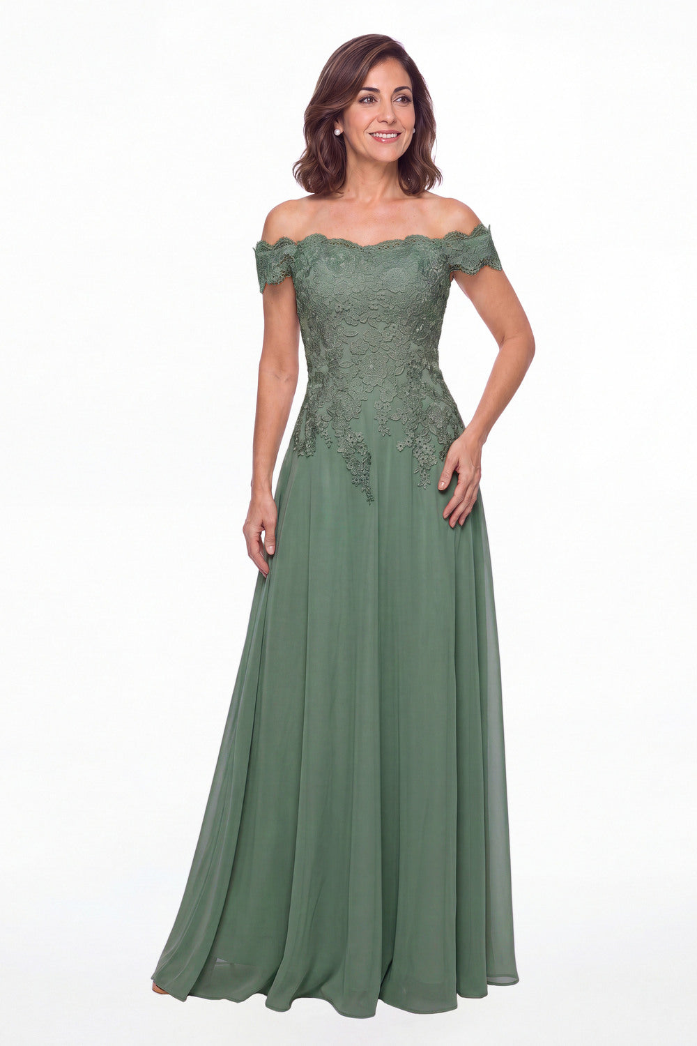 Eucalyptus Off Shoulder Lace Chiffon A-Line Maxi Gown - Front View