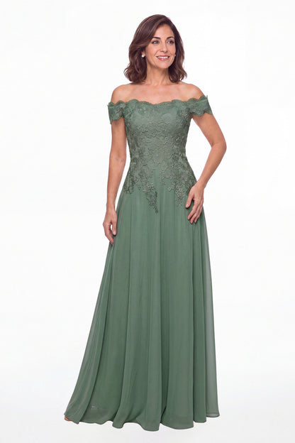 Eucalyptus Off Shoulder Lace Chiffon A-Line Maxi Gown - Front View