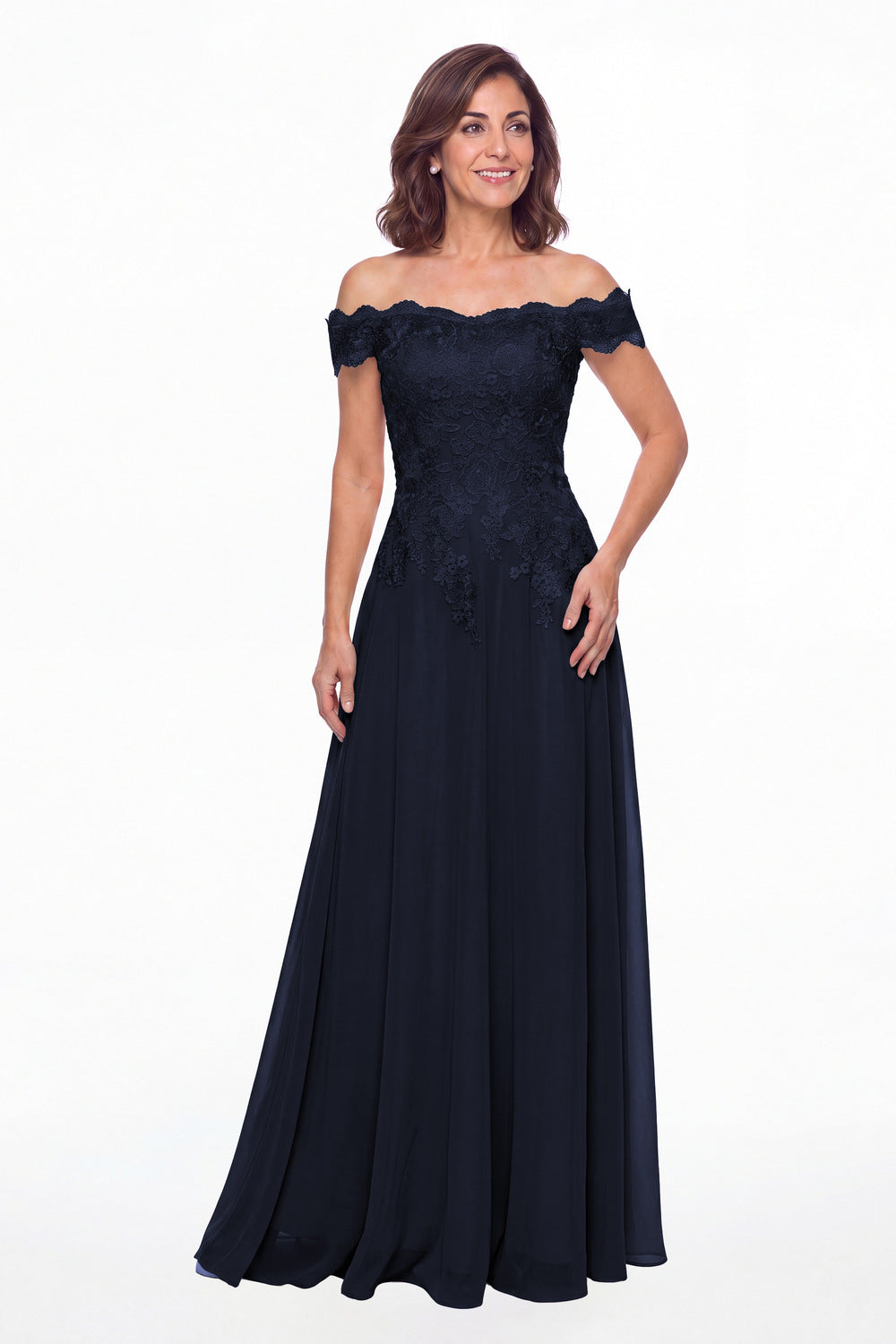 Navy Blue Off Shoulder Lace Chiffon A-Line Maxi Gown - Front View