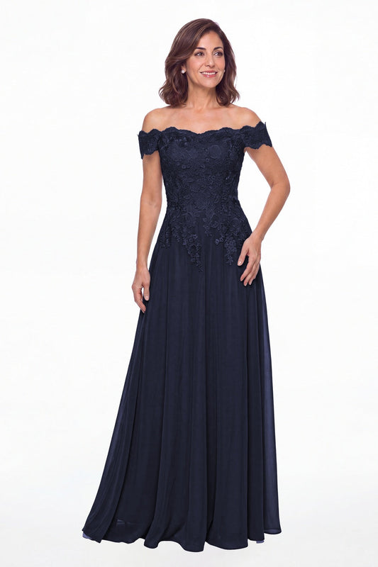 Navy Blue Off Shoulder Lace Chiffon A-Line Maxi Gown - Front View