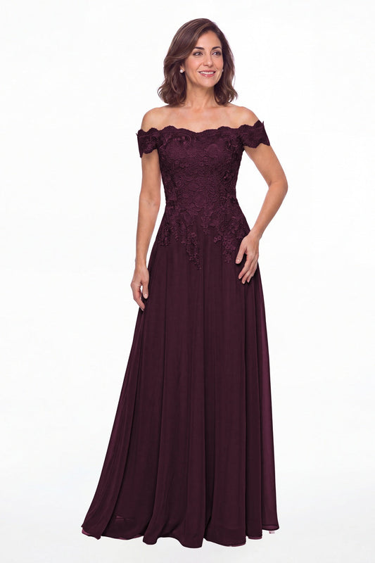 Plum Off Shoulder Lace Chiffon A-Line Maxi Gown - Front View