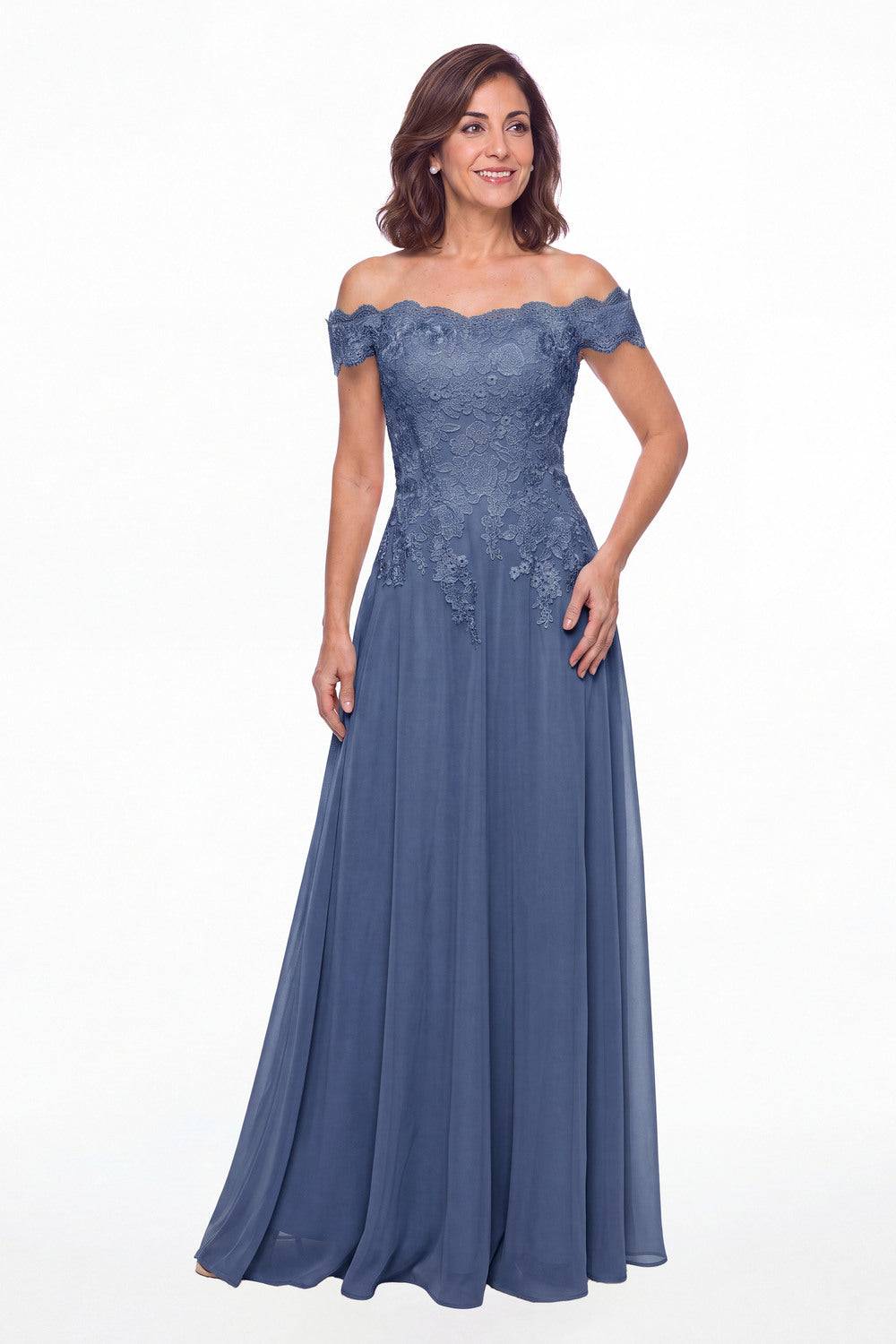 Steel Blue Off Shoulder Lace Chiffon A-Line Maxi Gown - Front View