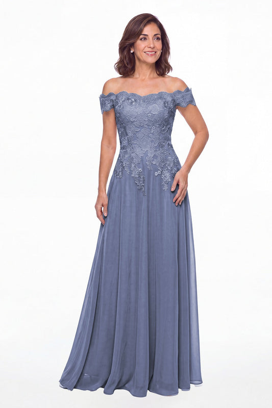 Steel Blue Off Shoulder Lace Chiffon A-Line Maxi Gown - Front View